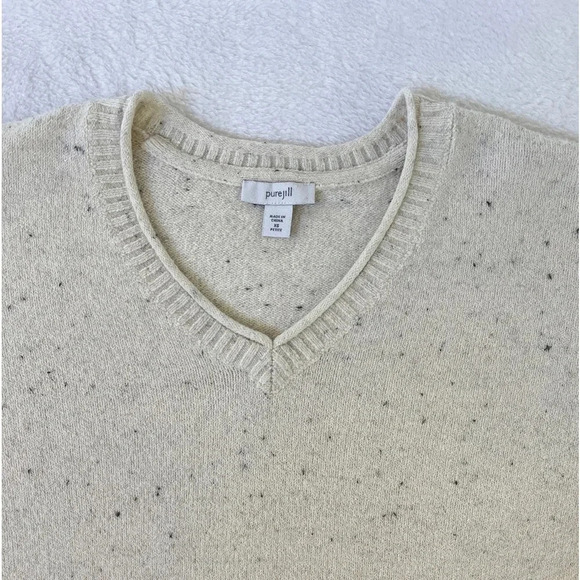 J Jill Pure Jill Sweater XS Petite White Speckled Knit V-Neck Tunic Pullover - Picture 2 of 11